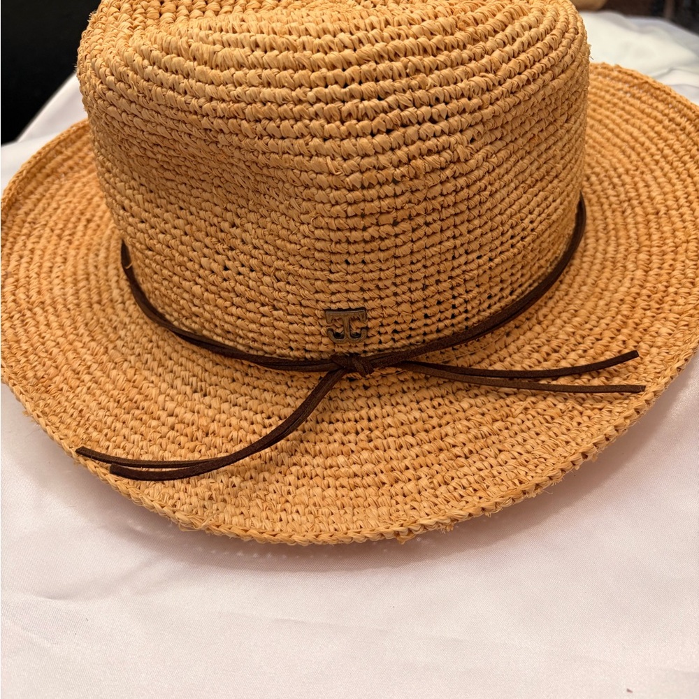 Woven Straw Sun Hat with Brown Leather Tie